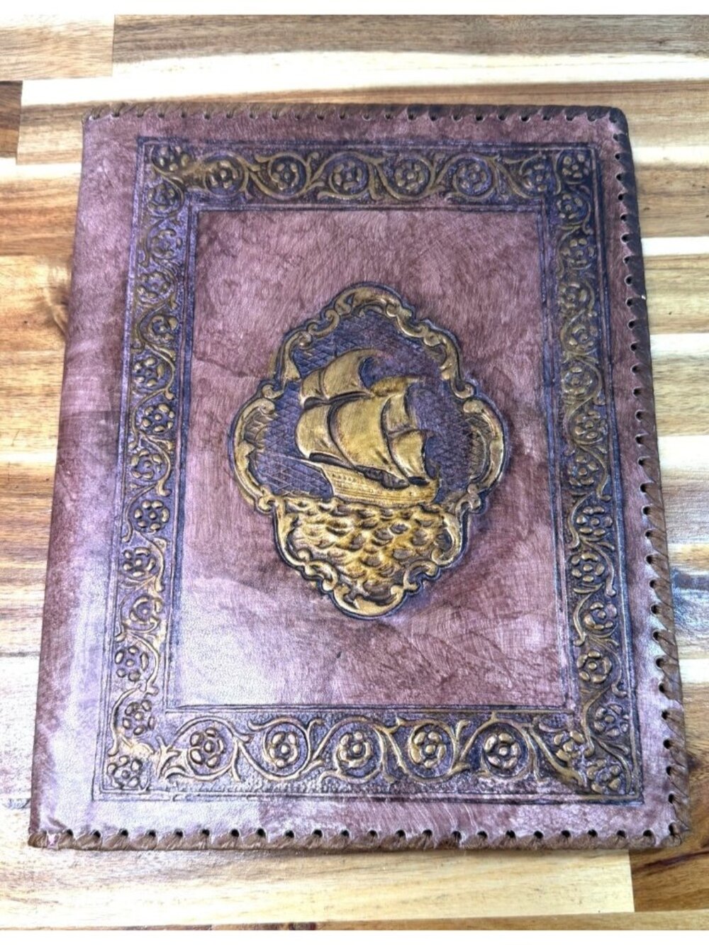 Vintage Hand-Tooled Leather like Nautical Scrapbook Photo Album - Galleon Ship D
